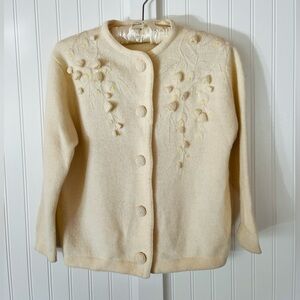 Original 50s Vintage Soft Fuzzy Cream Cardigan Sweater Large Flower Embellished